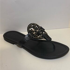 Tory Burch Black Miller Sandals Studded Logo Leather Flats Size 5M